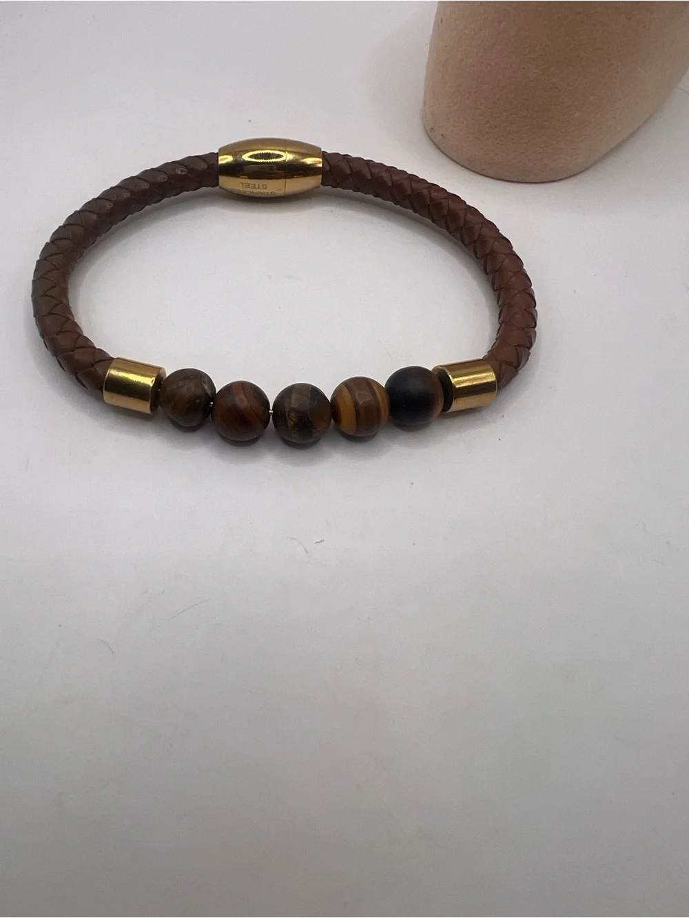 Brown Braided Leather Bracelet with Tiger Eye Beads and Gold Accents